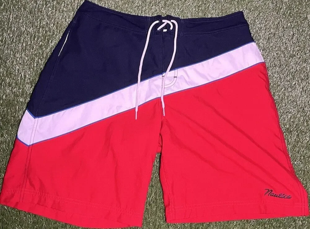 Nautica Board Shorts Colorblock Red Navy Men's 36 Elastic Waist Lined